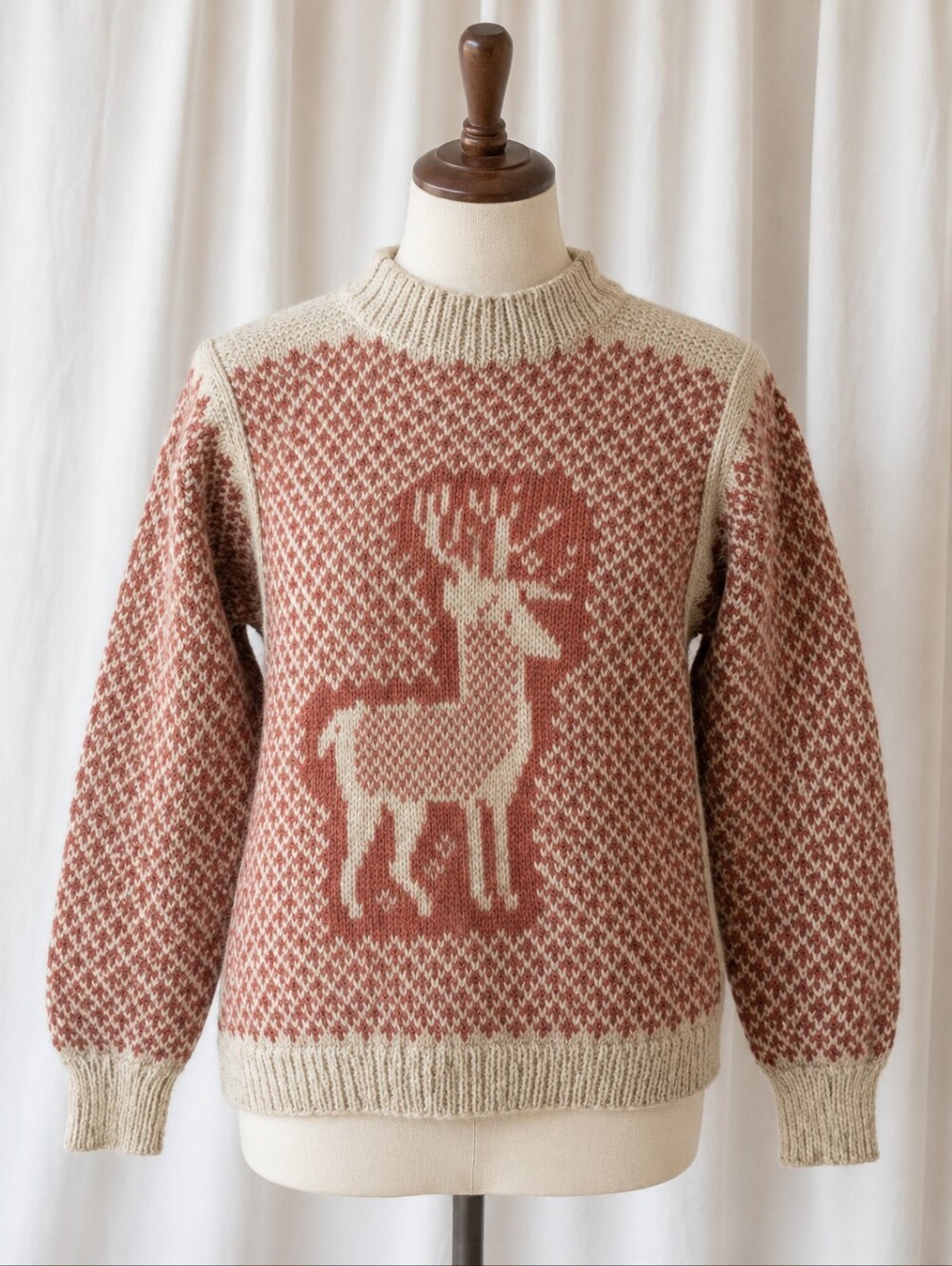 Vintage Lillunn Norway Hand Knit Wool Rust Tan Reindeer Nordic Fair Isle Sweater
